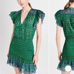 Veronica Beard Brindelle Green Smocked Mini Dress Size 0 Flawed